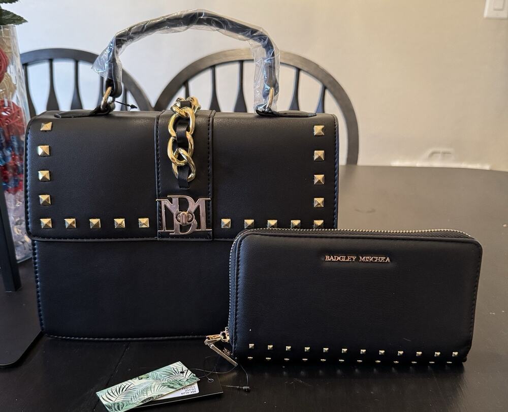 NWT Badgley Mischka Black Vegan Leather Monogram Studded Handbag W/ Wallet